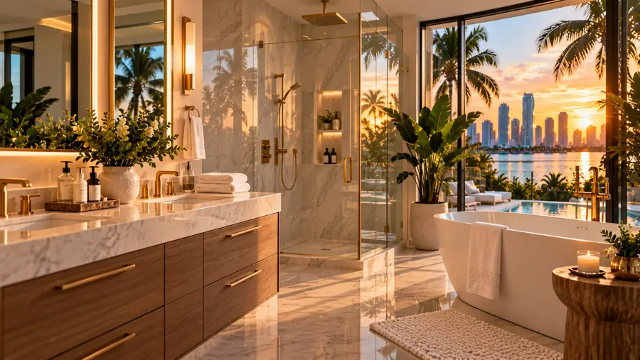 A finished bathroom with a clear glass shower and polished fixtures